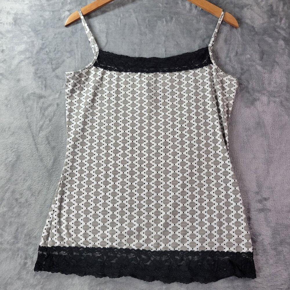 Geometric Print Lace Trim Cami Top‎ Womens Black White Sleeveless Stretch Y2K